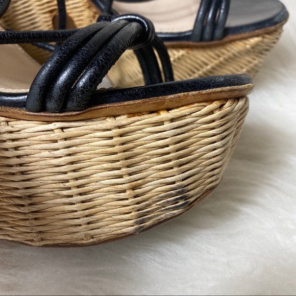 Prada Knotted Leather Wicker Platform Wedge Heels - Picture 4 of 14